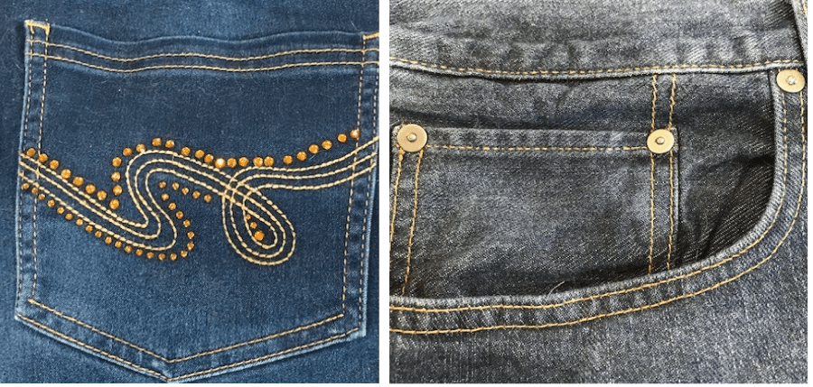 embellish jean pockets with decorations and rivets