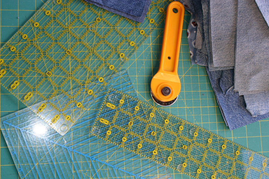 quilt rulers, rotary cutter, denim fabric Sewing Project Kits