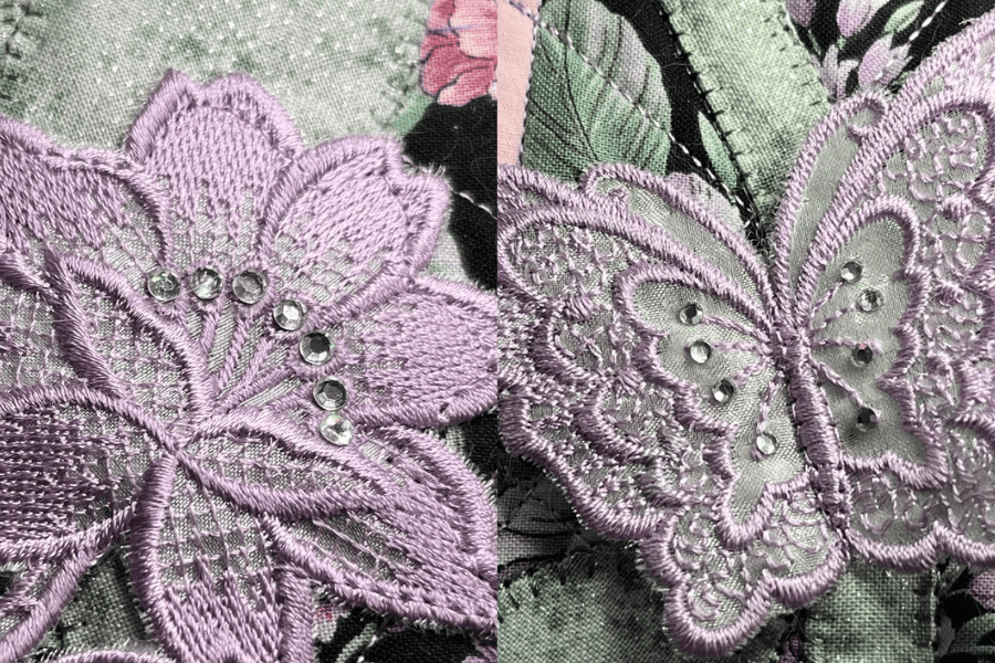 Close-up of stone accents on flower and butterfly