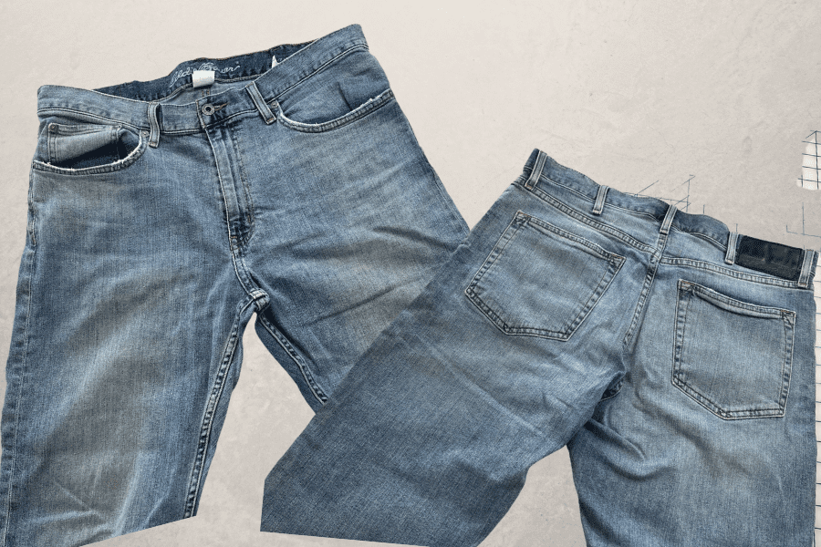 Pair of old jeans, front and back views for your Upcycled Sewing Project