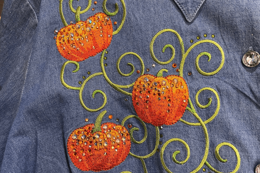 Embellish a denim jacket with embroidery and rhinestones